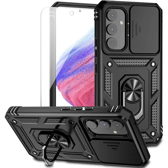 for Samsung Galaxy A54 5G Case with Slide Camera Cover HD Screen Protector [Military Grade 16ft. Drop Tested] Magnetic Ring Holder Kickstand Protective Phone Case for Samsung Galaxy A54 5G, Black