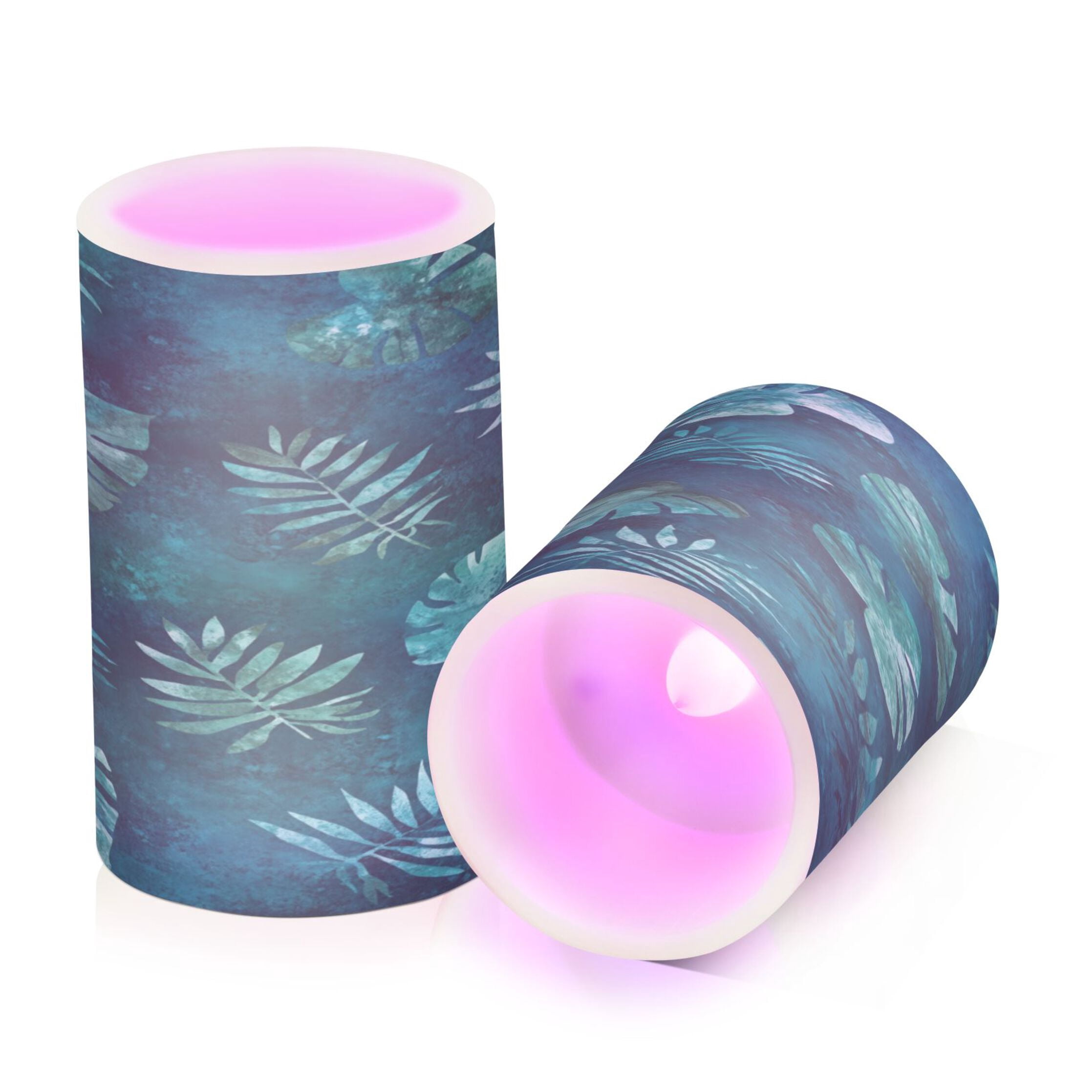 Teal Tropical Leaf Pattern Set of 2 Flameless LED Candles Remote and Timer Indoor Outdoor