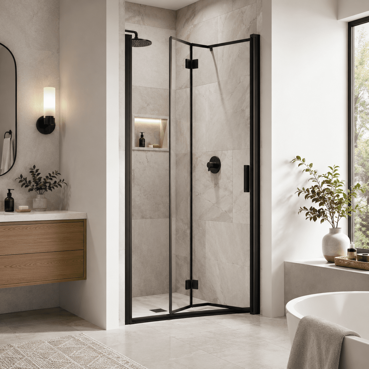 Aukfa 32-33.2" W x 72" H Matte Black Semi-Frameless Pivot Bi-Fold Shower Door, 1/4" Tempered Glass