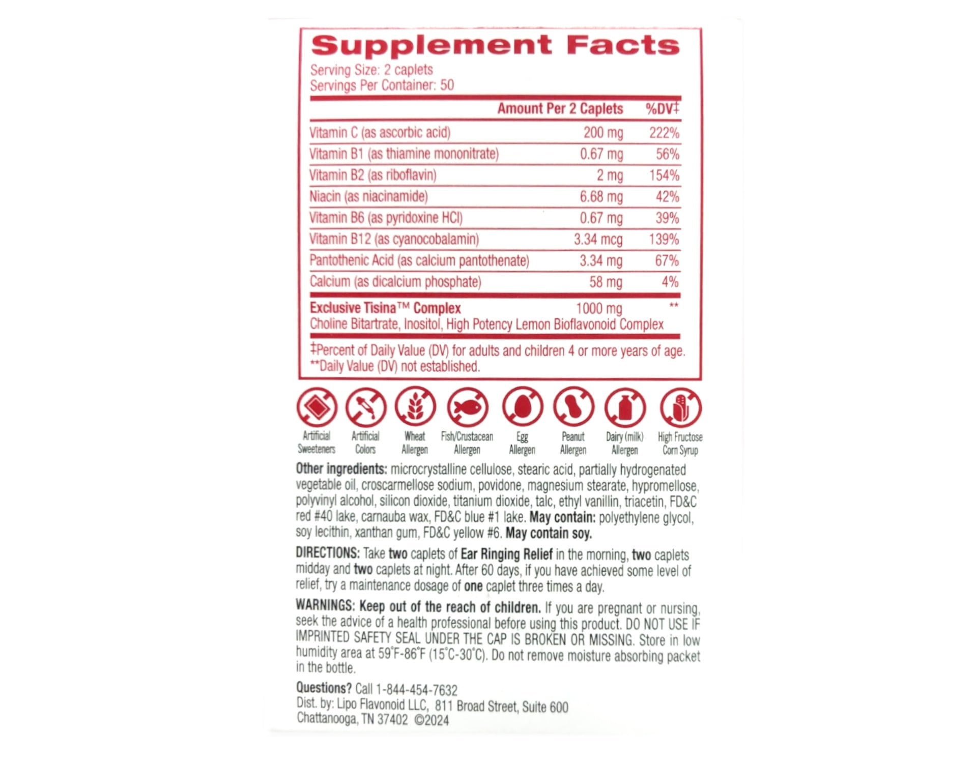 Lipo Flavonoid Ear Ringing Relief Supplement, Clinically Tested Ingredients, 100 Caplets (pack of 2)