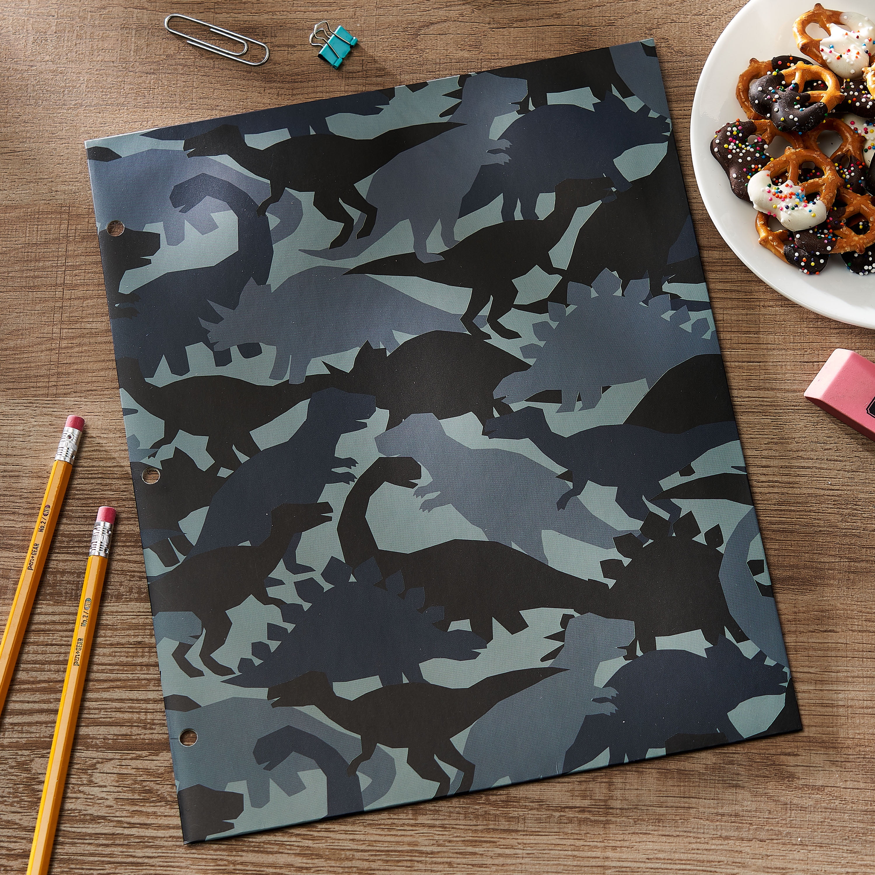 Pen+Gear 2-Pocket Fashion Folder, Dinosaur, Black and Gray