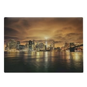 Cityscape Cutting Board, Manhattan at Sunset New York from Brooklyn Reflections Seaport Scenery Print, Decorative Tempered Glass Cutting and Serving Board, Large Size, Orange Black, by Ambesonne