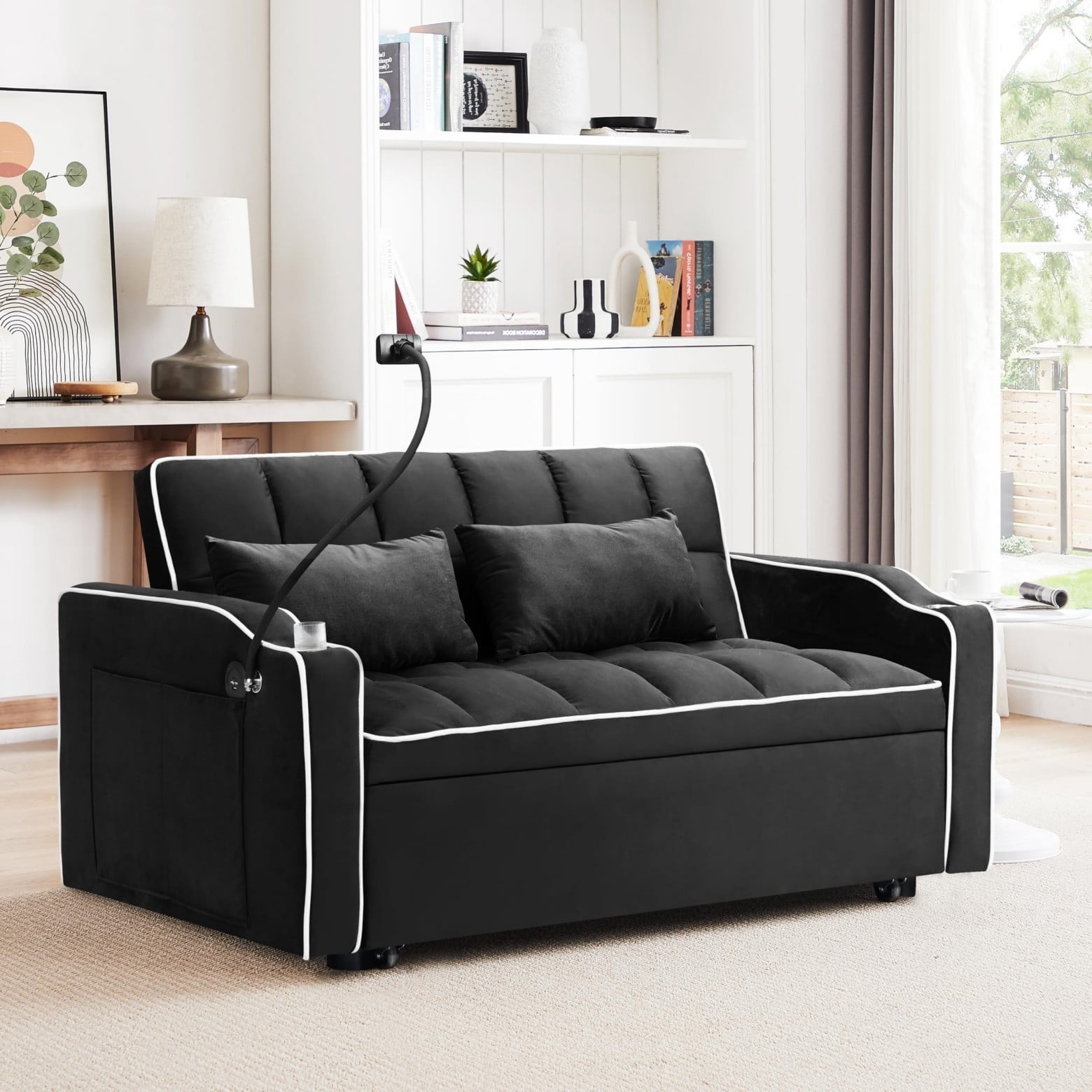 55" 3 in 1 Convertible Sofa Bed with Phone Holder, Loveseat Couch with Pull Out Bed, Space-Saving Apartment Sofa, Black