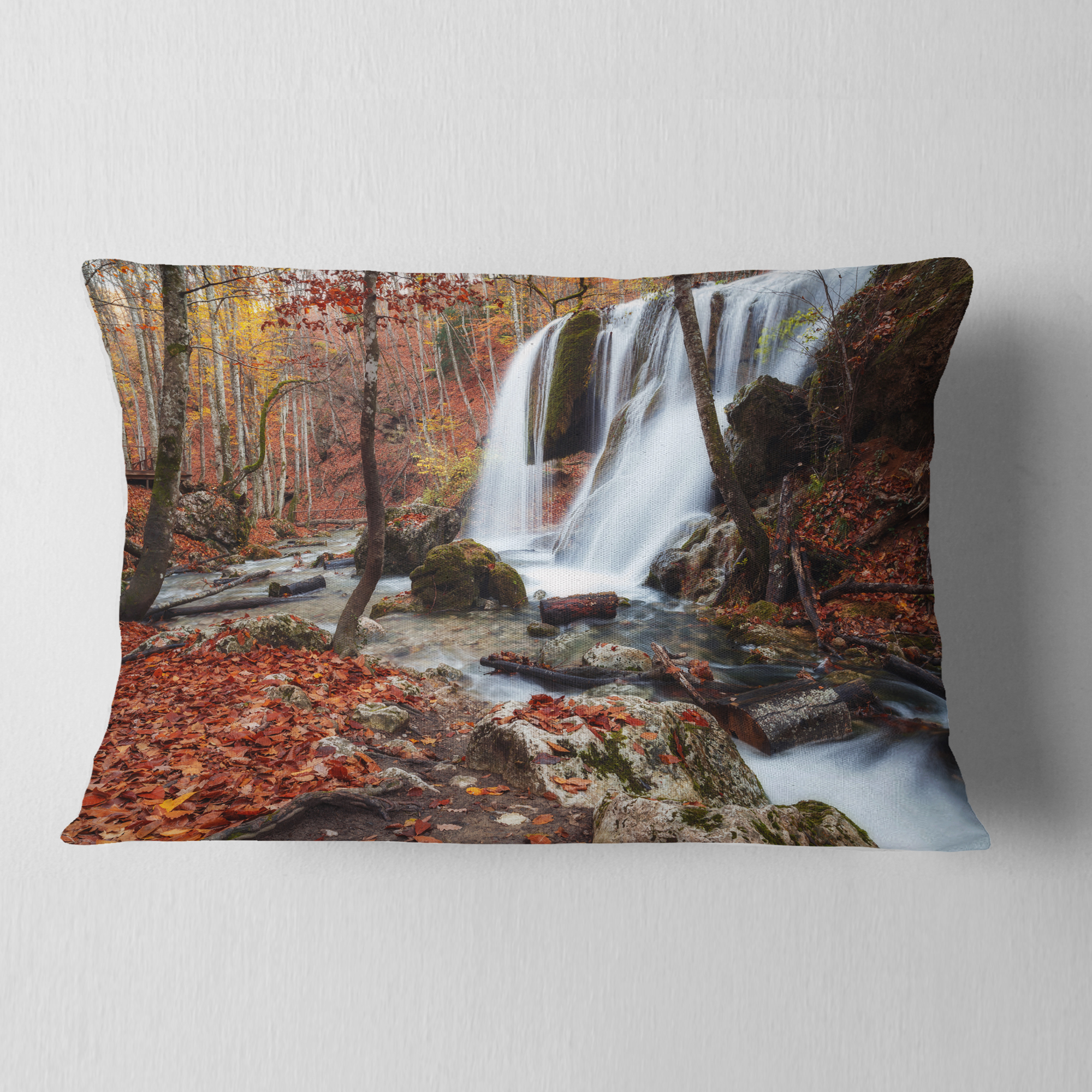 Designart Crimea Waterfall in the Fall - Landscape Photo Throw Pillow - 12x20