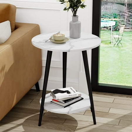 Yongchuang 20" Round End Table Modern White Side Table for Living Room Bedroom Nightstand Accent Table with 2-Tier Faux Marble Wood Top Storage Shelf