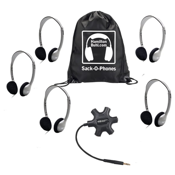 HamiltonBuhl Galaxy Econo-Line de Sack-O-Phones con 5 auriculares HA2 de tamaño personal, caja de conexión Starfish y bolsa de transporte