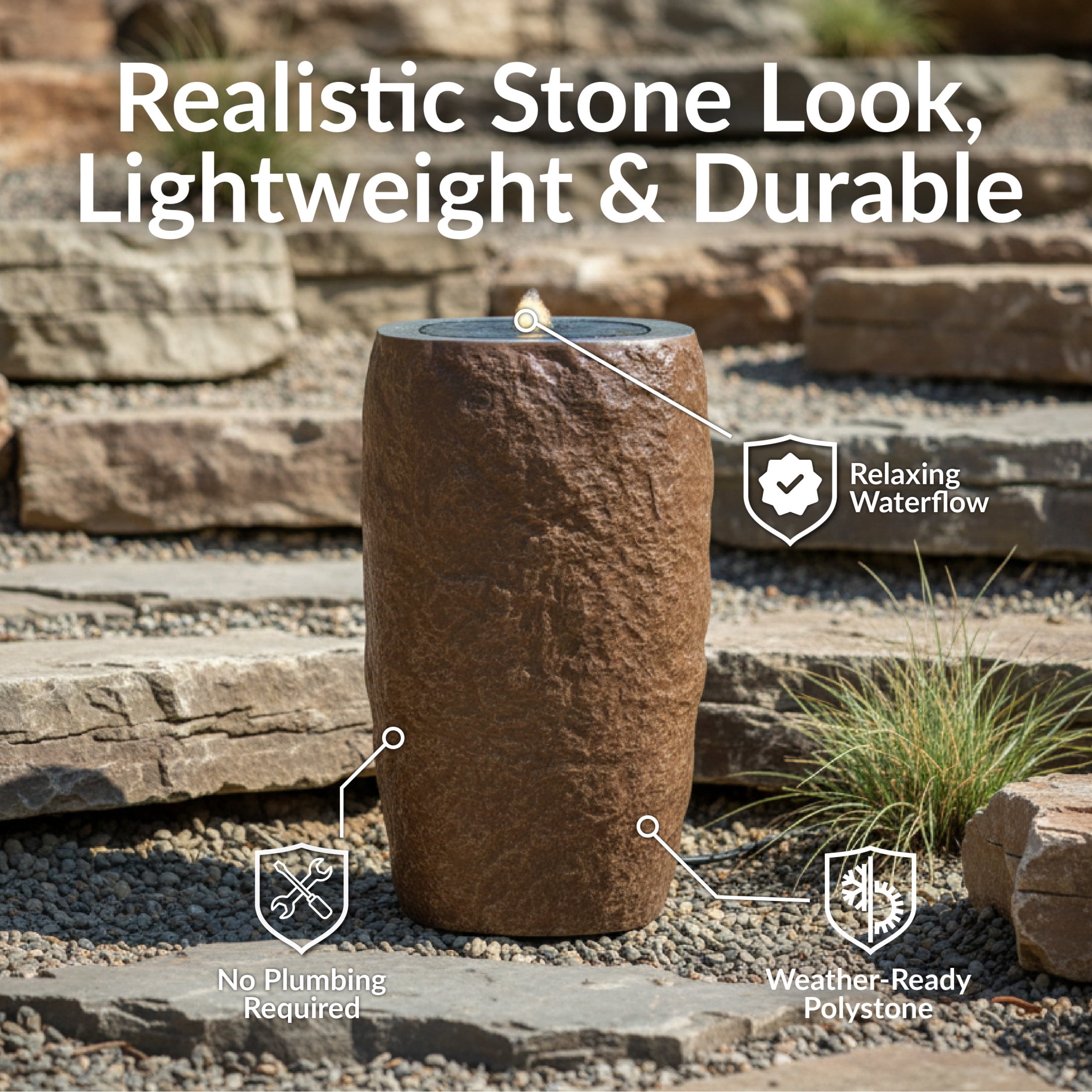 Sunnydaze Cylinder Brown Outdoor Bubble Fountain, LED Light