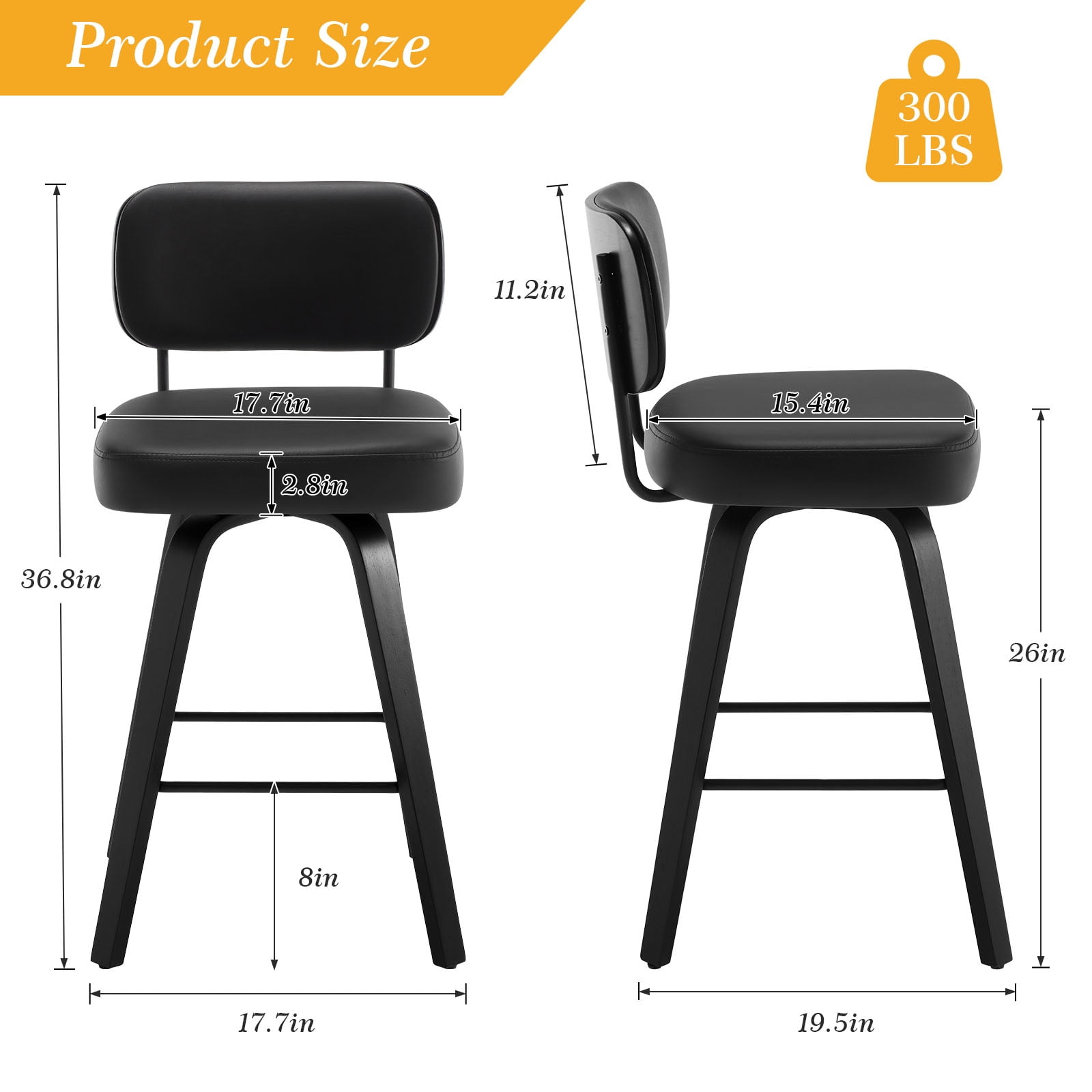 Swivel Counter Height Bar Stools, Set of 4, 26" Upholstered PU Leather Barstools with Back Wood Legs, Mid Century Modern Bar Chair Island Stool for Kitchen Counter, Black