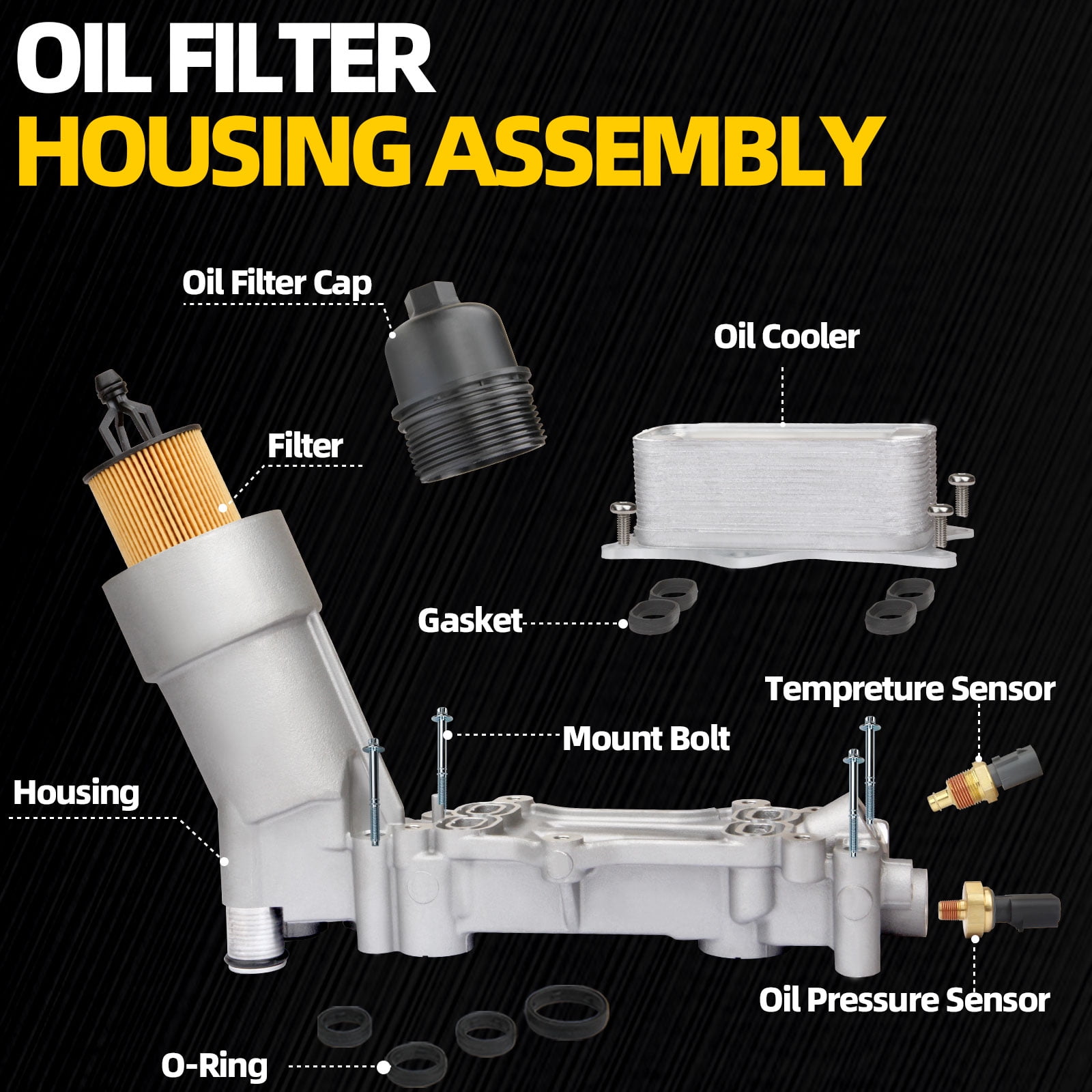Aluminum Oil Cooler Oil Filter Housing with Kit Oil Cooler Gaskets and Sensor Filter Compatible with 2011-2016 Chrysler 200 300 Charger Challenger Journey Wrangler Ram ProMaster 3.6L 68191349AA