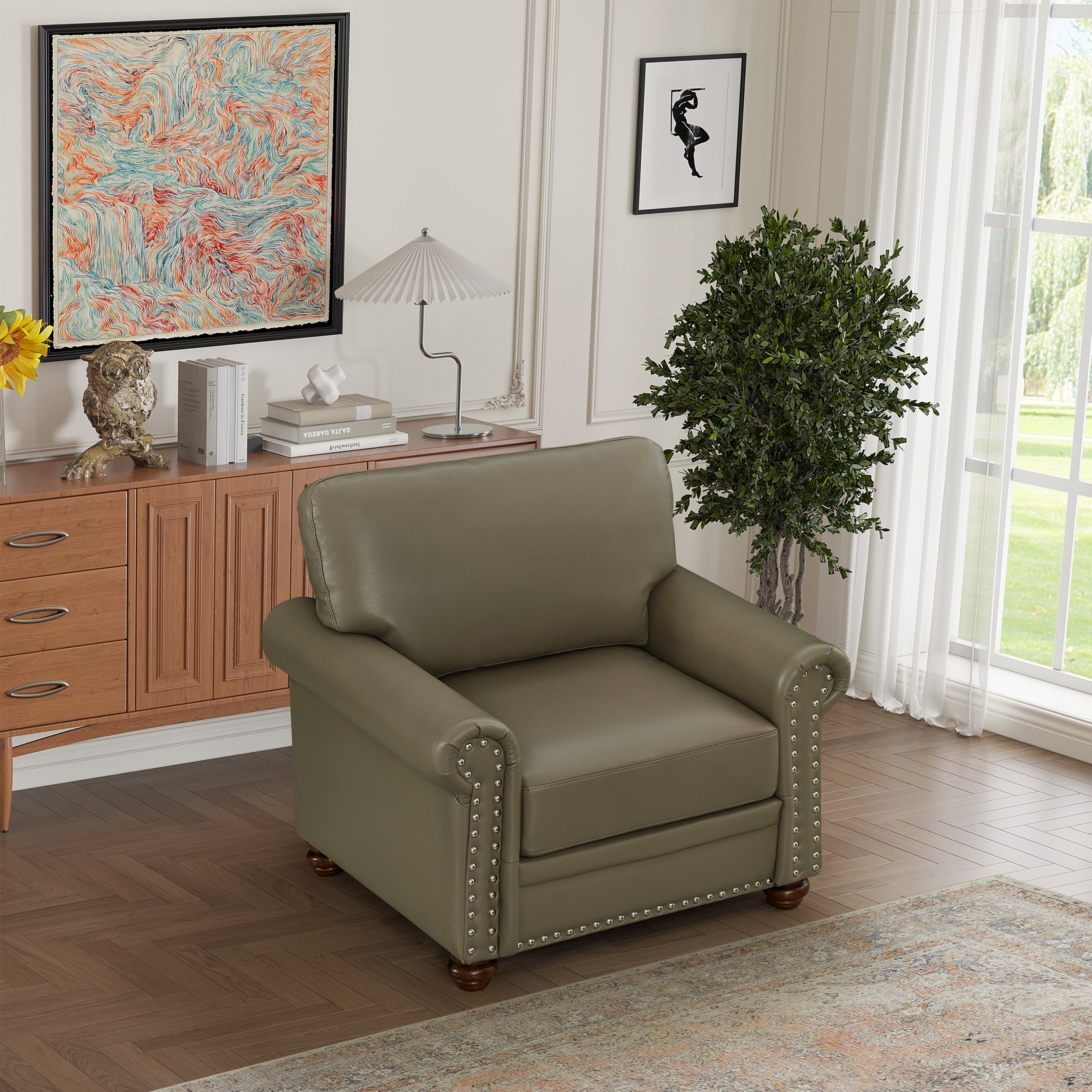 Classic Faux Leather Single Sofa Couch Armchair with Nailhead Trim and Removable Cushions for Living Room Office Apartment