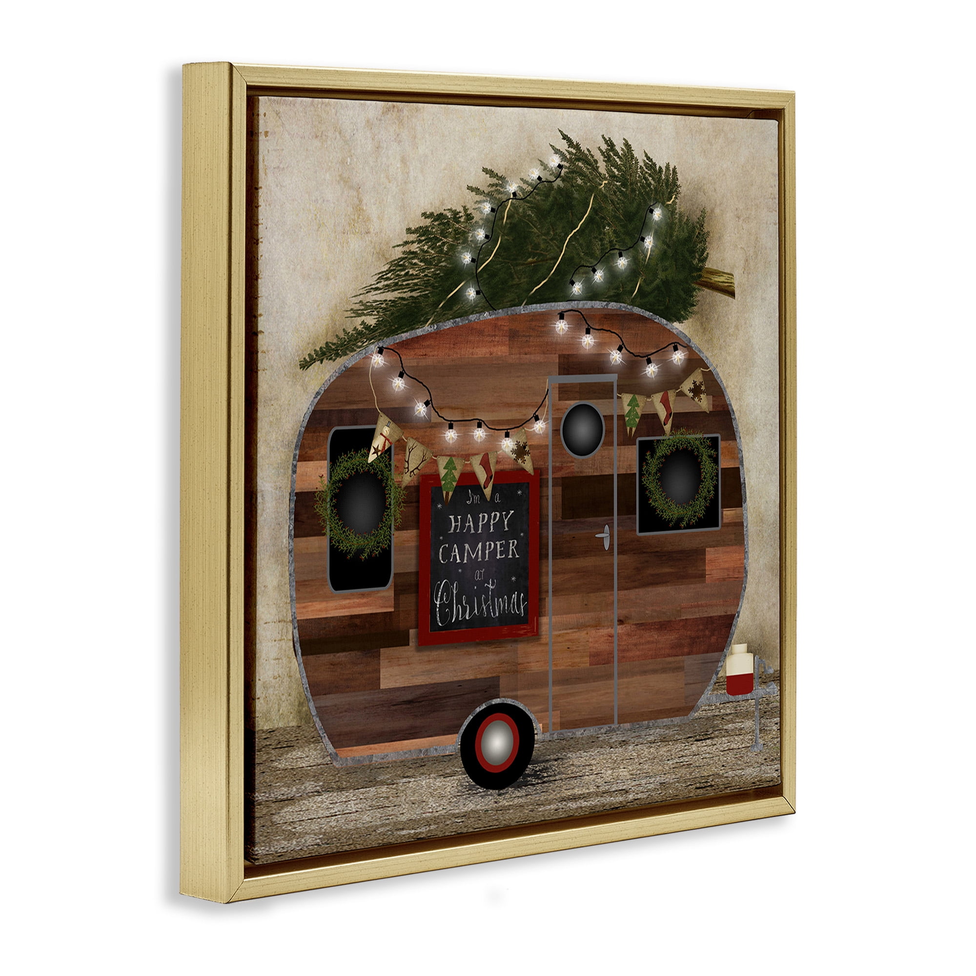 Stupell Industries Happy Camper At Christmas Holiday Painting Gold Floater Framed Canvas Art Print Wall Art, 18 x 18