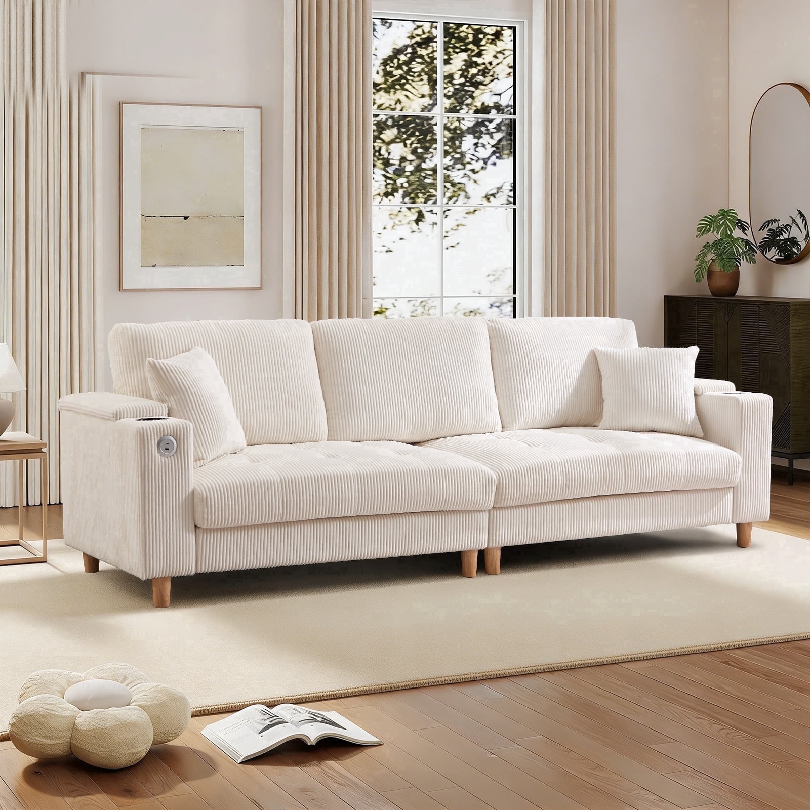 Bonzy Home 100 inch Modern Corduroy 3-Seater Sofa, Oversized Comfy Couch with USB Charging Port, Hidden Storage, Overstuffed Backrest & Throw Pillows, White