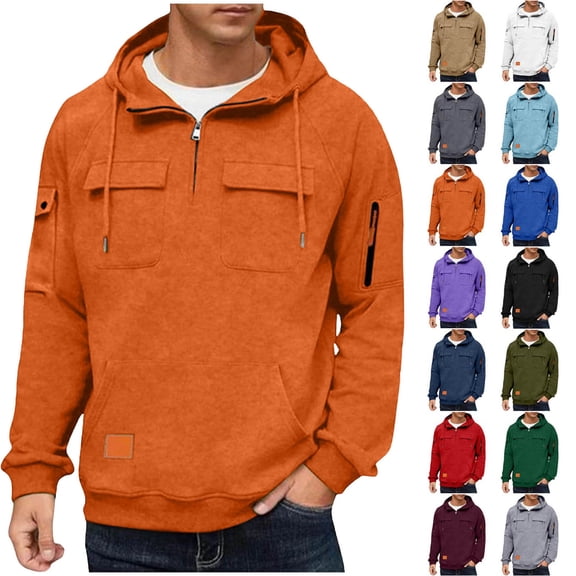 Hzzrkos Men Fashion Casual Loose Solid Color Quarter Zip Stand Collar Long Sleeve Multi Patch Pocket Decorative Tag Pullover Sweatshirt Hoodie Top