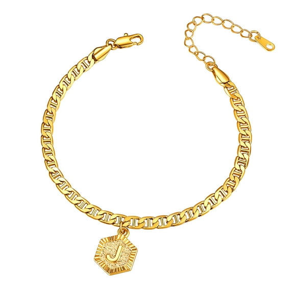 [Clearance] Initial Letter J Anklets for Women, 14k Gold Plated Large Plus Size Mariner Chain Ankle Bracelets, Hexagon Alphabet Charm Summer Beach Pool Waterproof Foot Jewelry 8.5-10.5inch