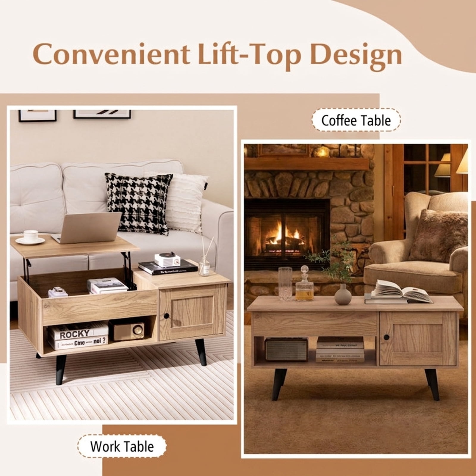 Furnibear Lift Top Coffee Table with Storage and Hidden Compartment - Natural - Living Room Cocktail Center Table