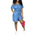 thumbnail image 1 of Okbabeha Ladies Solid Color Jumpsuit, Off Shoulder Flouncing Denim Shorts, 1 of 6