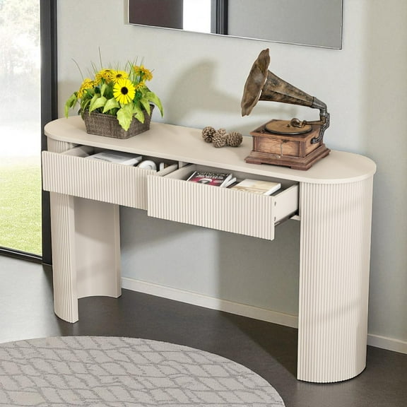 GZXS Fluted Console Table in Champagne White, 54" Modern Minimalist Oval Sofa Table with 2 Drawers for Living Room, Entry, Hallway