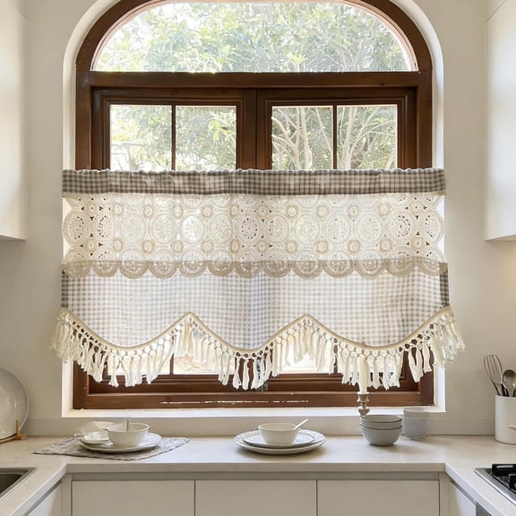 Boho Macrame Linen Knitted Lace Curtain Valance for Window Kitchen | Beige Rustic Crochet Tassels Valance for Cafe Dining Room Rod Pocket 1 Panel (Beige,W43 L24 inch)