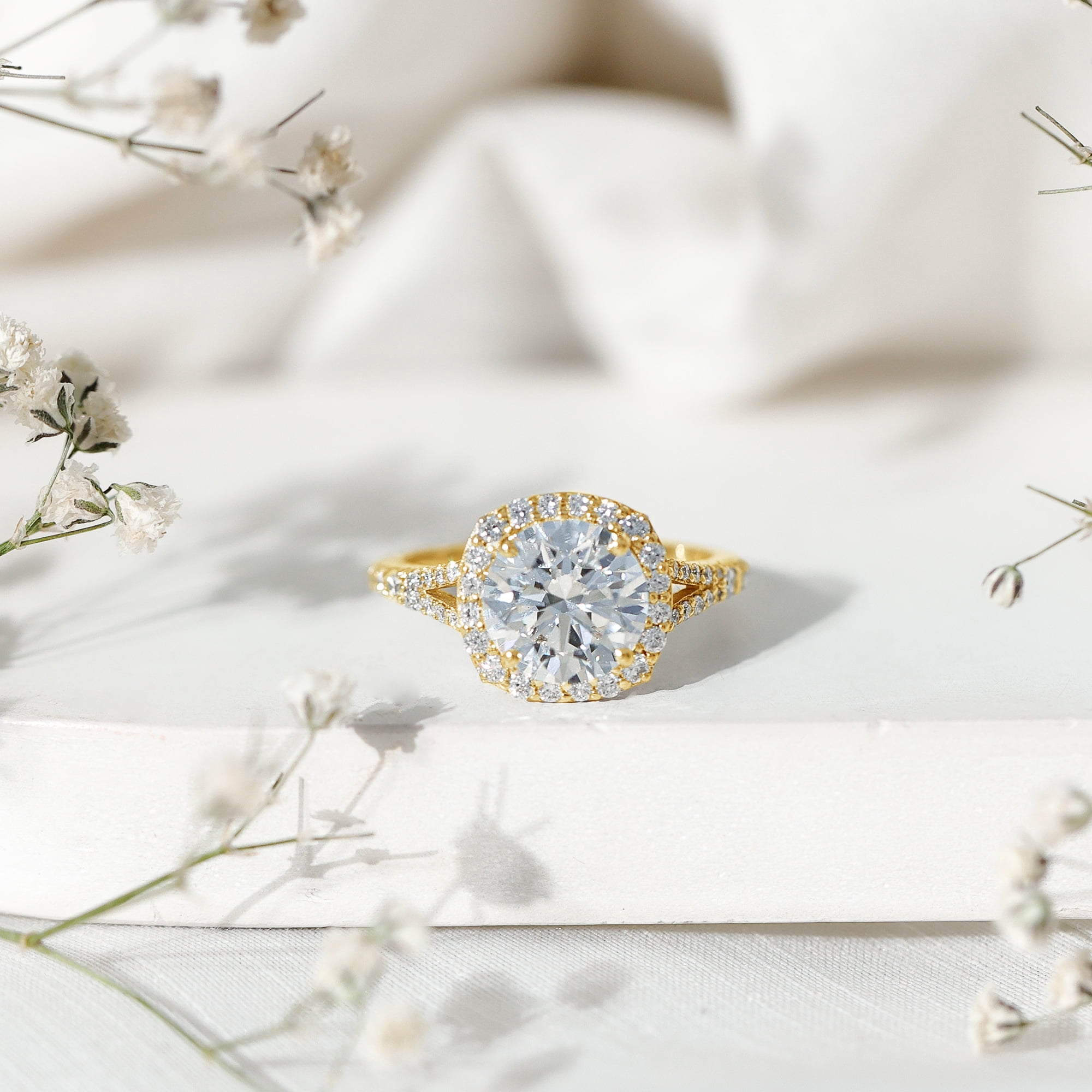 Rosec Jewels IGI Certified Lab Grown Diamond Engagement Ring 3 Carat - E-VS1 Quality Diamond Halo Ring for Women, 14K Yellow Gold, US 8.00