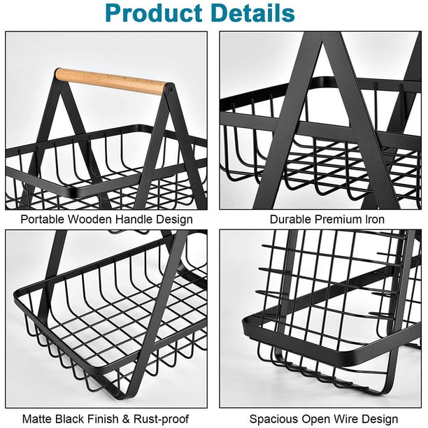 2 Tier Fruit Revolving Bowl Vegetable Rack Basket Black Metal Wire