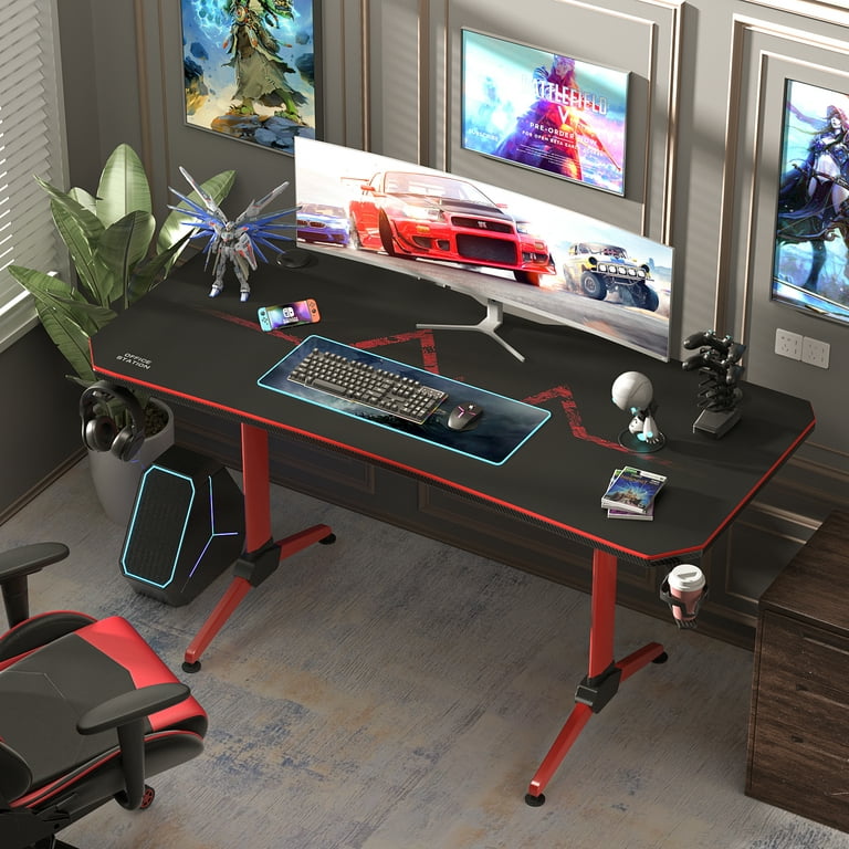 Homall 55 Inch Gaming Desk Y-Shaped PC Computer Gaming Office Desk with  Mouse Pad Home Office Study Carbon Fiber Surface Gamer Workstation With Cup