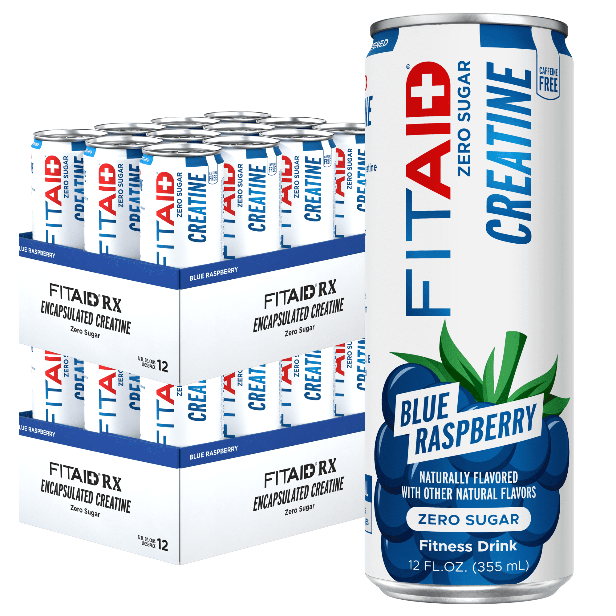 FITAID CREATINE Zero Sugar, Encapsulated Creatine, Naturally Sweetened, Blue Raspberry, 12-oz. cans (Pack of 24)