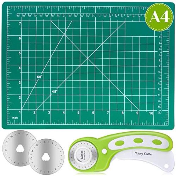 Rotary Cutter Set,  Self Healing Sewing Mats Rotary Cutter and Mat 45mm Rotary Fabric Cutter Set with 2 Blades Rotary Cutting Mat for Crafts Fabric Quilting Hobby (9" x 12" (A4))