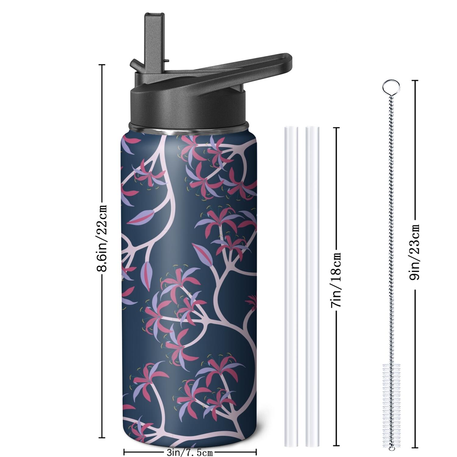 Modern 18 oz Insulated Stainless Steel Water Bottle with Straw & Cleaning Brush , Leakproof, BPA-Free, 304 Stainless Steel, Wide Mouth, Travel Mug for Car, Gym, Office
