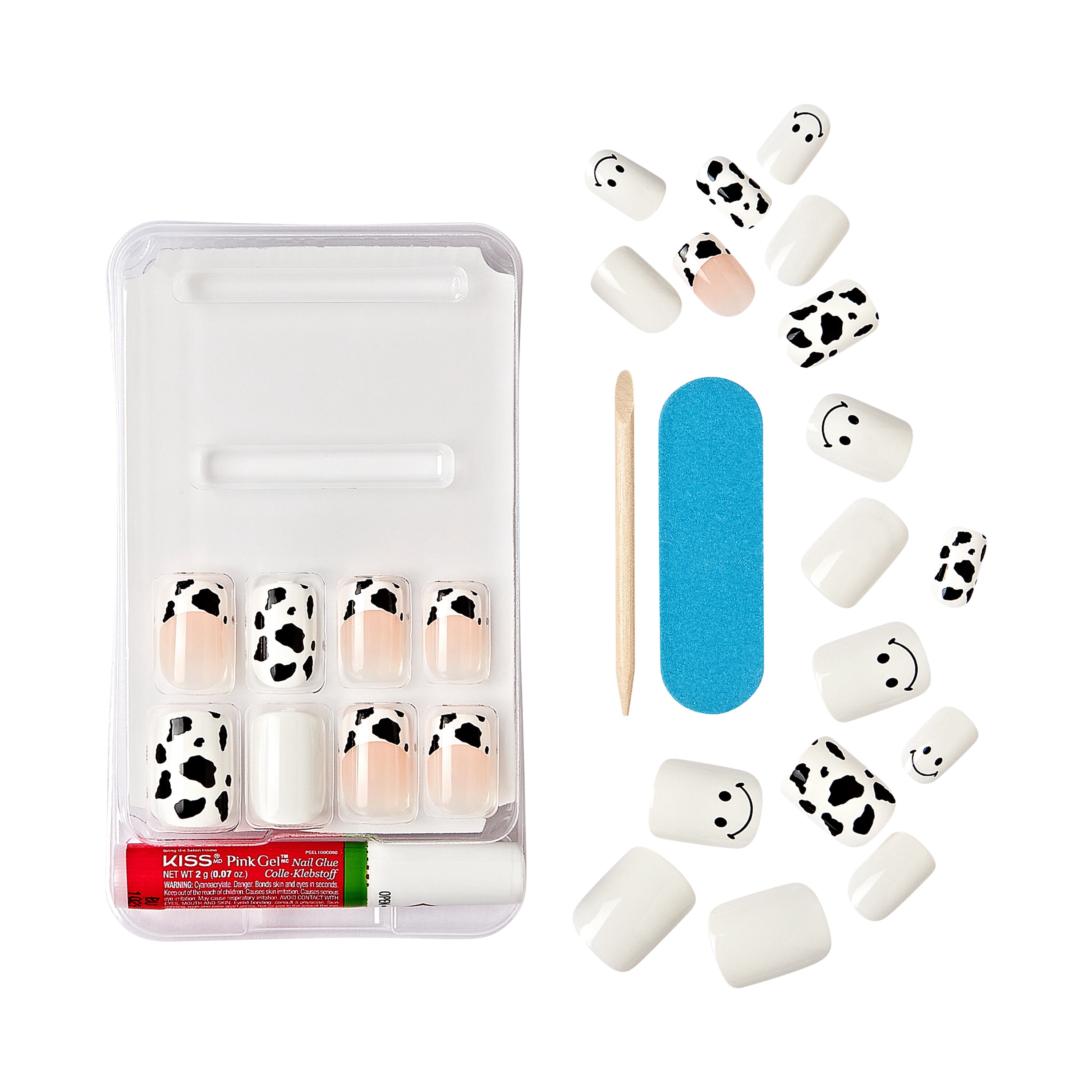 KISS Salon Design Medium Coffin Glue-On Nails, Glossy Light White, 24 Count