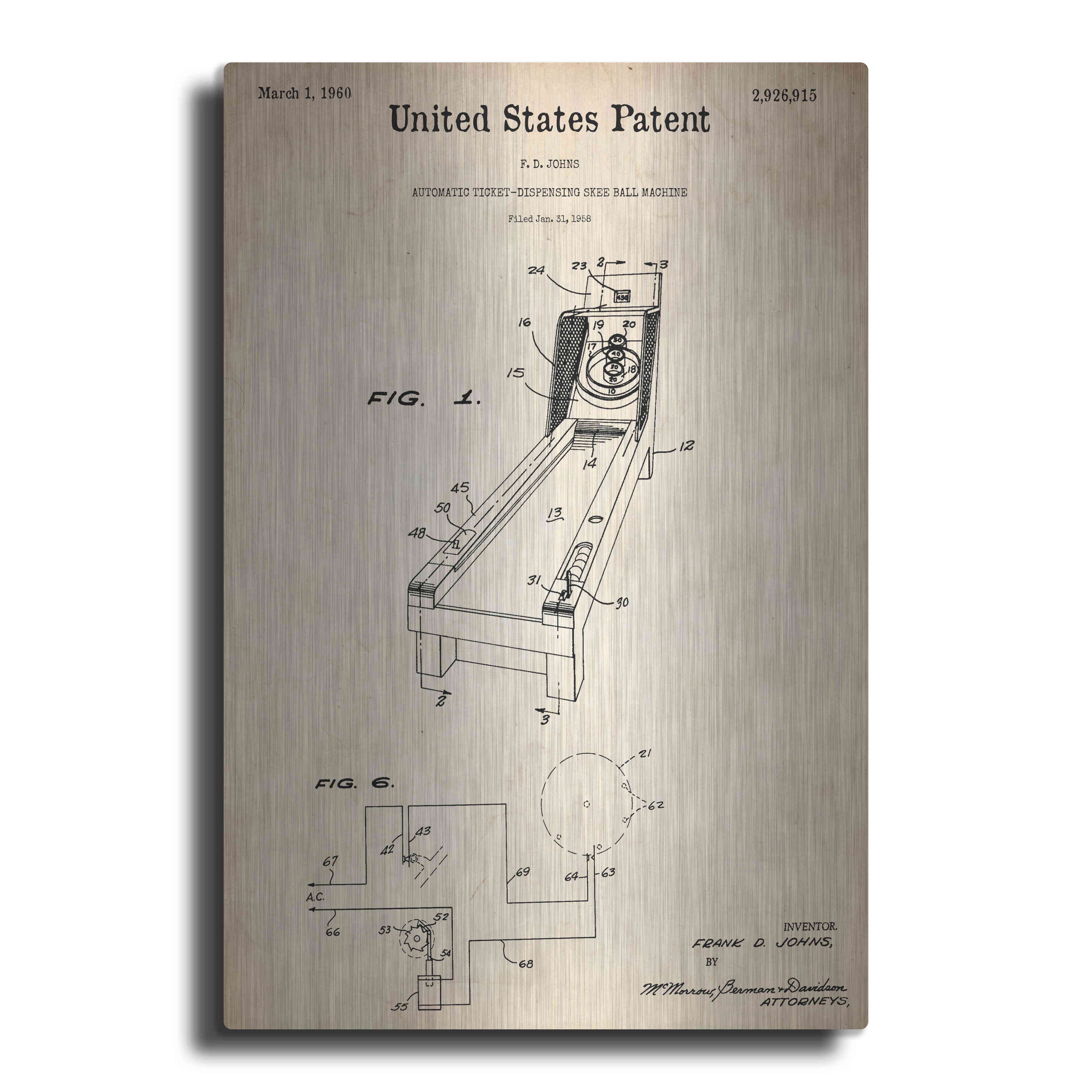 Luxe Metal Art 'Skee Ball Machine Blueprint Patent Parchment,' Metal