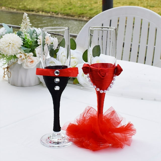 Wedding Glasses Set, Usavan Elegant Bride Groom Champagne Toasting Glasses, 2 Piece Ribbon Rhinestone Decorated Glassware for Wedding Reception Gift