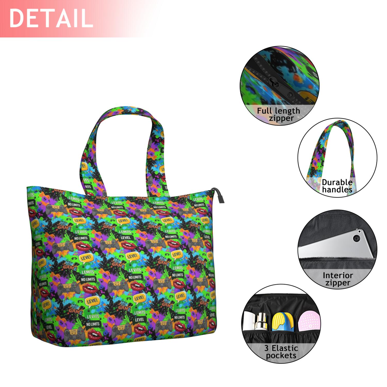 Colorful Controllers Games Icons Green Pattern Travel Tote Bags for Women Carry On,Large Weekender Bags for Women Travel,Multi Functional Duffle Bag for Work,Shopping,Sports