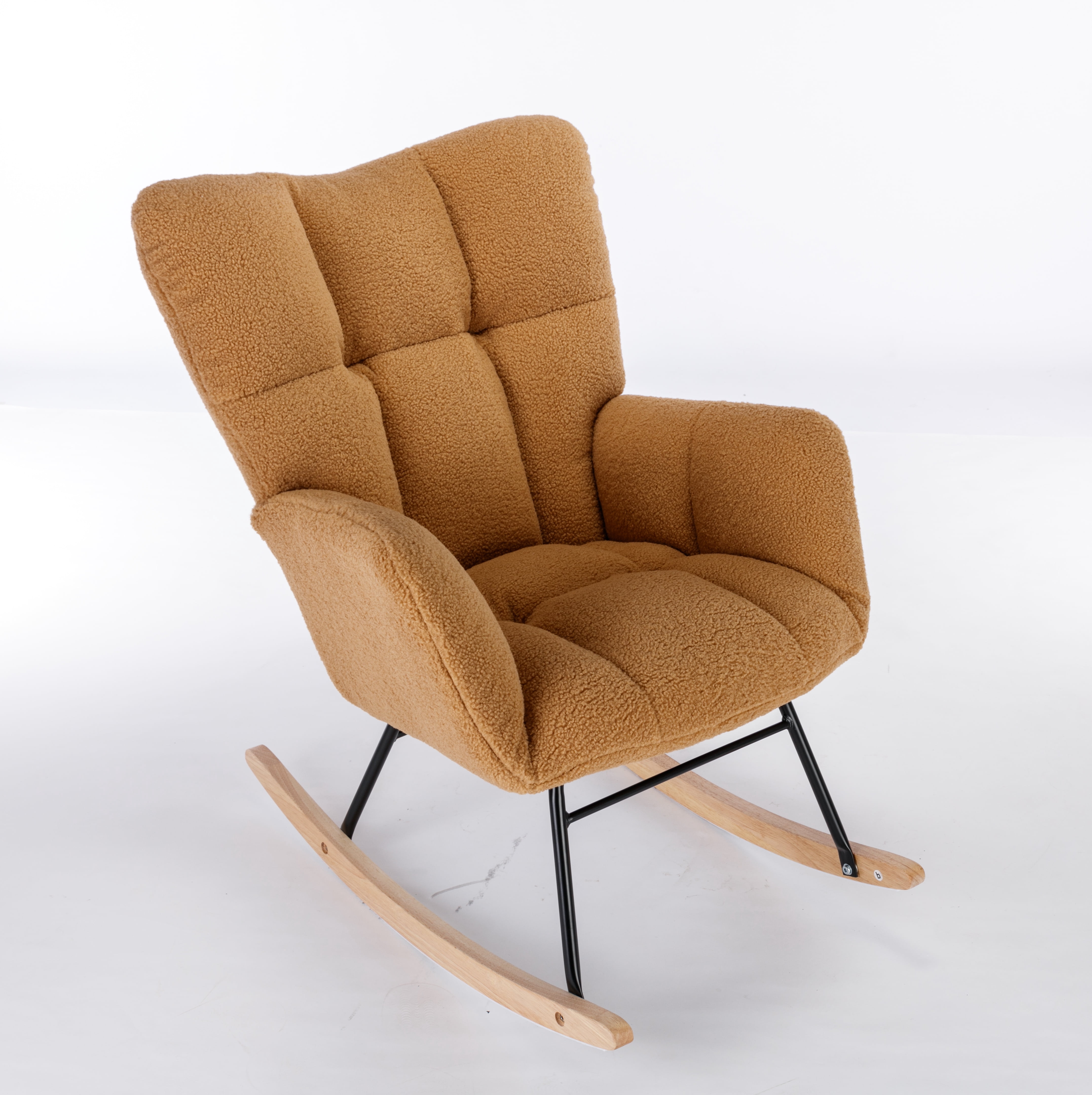 Oufan Leisure Rocking Chair With Upholstered, Teddy Fabric Nursery Rocking Chair with High Backrest & Solid Wood Frame for Living Room, Bedroom