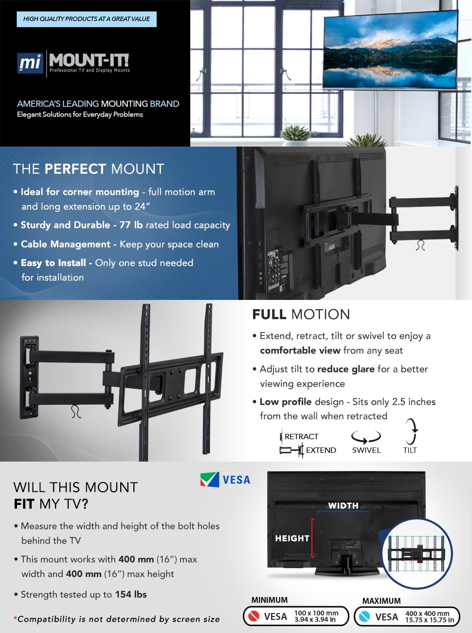 Mount-It! Swivel Arm TV Wall Mount, Long 24" Extension Arm, Fits 32" to 55" Tv's, Capacity 77 lbs., Works on Corner Applications