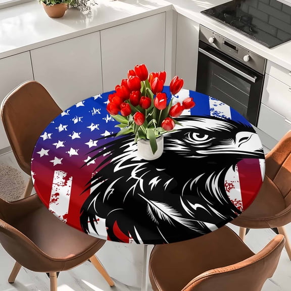 American Flag Elastic Fitted Round Tablecloth Patriotic Star Stripes Eagle Waterproof Outdoor Table Cover for Holiday Party, Picnic, Patio & Dining Fits Tables Up to 36"-44"