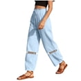 thumbnail image 3 of cocolona Womens Summer Lace Hollow Out Linen Pants Elastic Waist Straight Wide Leg Vacation Beach Trousers with Pocket, 3 of 5