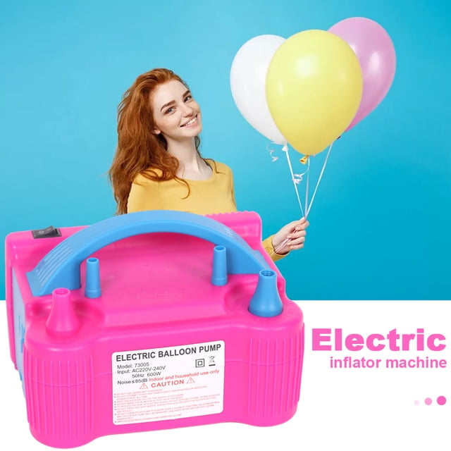 inflador eléctrico yotijar bomba de globo accesorio 30x15,5x15 cm Rosado, inflador doble de plástico ABS con asa azul integrada, dos boquillas cilíndricas y etiqueta técnica blanca en primer plano; mostrado con persona y globos para contexto de decoración de fiesta; también apto para inflar accesorios decorativos pequeños.