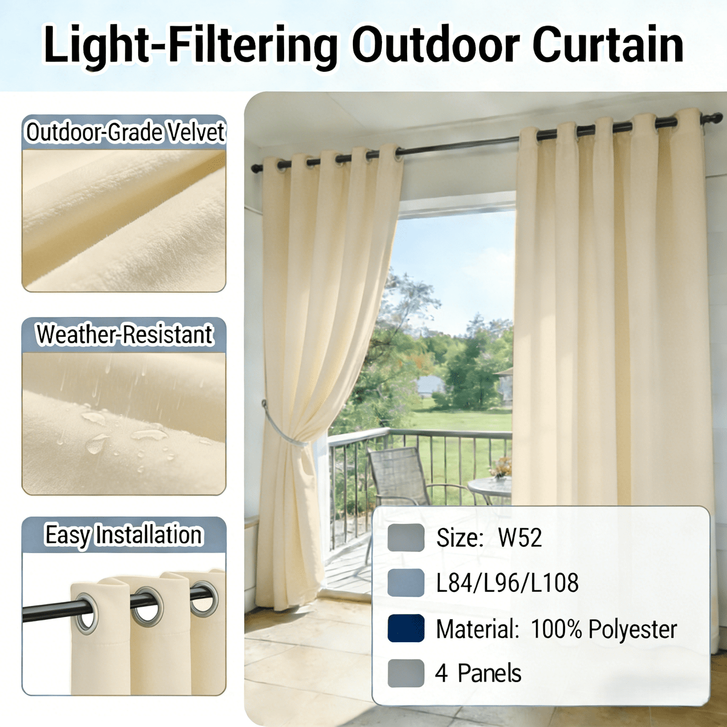 SNITIE Velvet Outdoor Curtains 52x84/96/108 Inch Set of 4 - Grommet Top, UV & Water Resistant, Fade-Resistant, Machine Washable for Gazebo Patio Porch