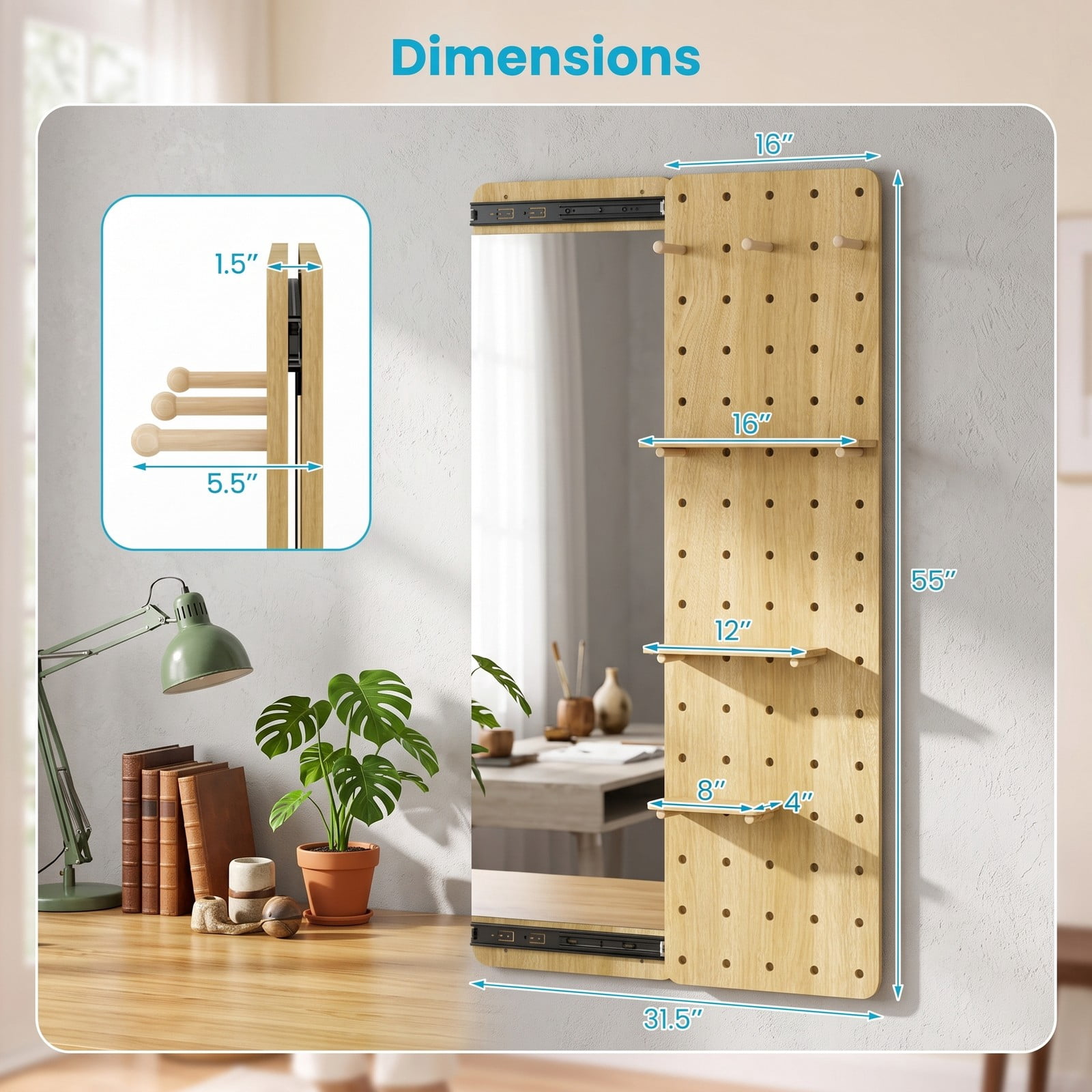 ALPULON Solid Wood Full Length Mirror with Sliding Pegboard, Shelves and 3 Hooks, Wall Mounted HD Floor Mirror for Entryway Bedroom Closet, Natural