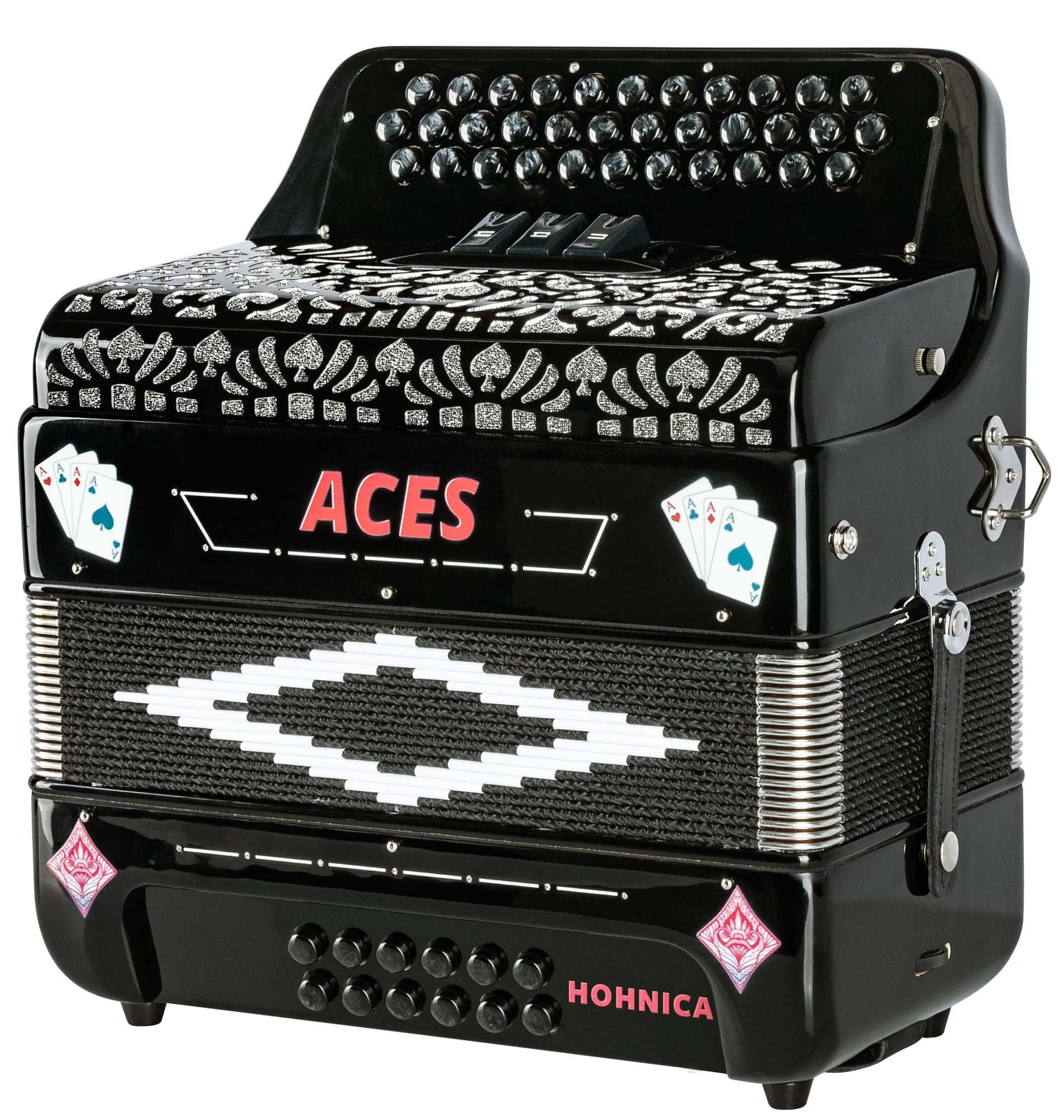 Hohner Hohnica Aces II 34-Button Accordion with 3 Registers - FBbEb Bundle with Gig Bag, Adjustable Straps, and Austin Bazaar Polishing Cloth