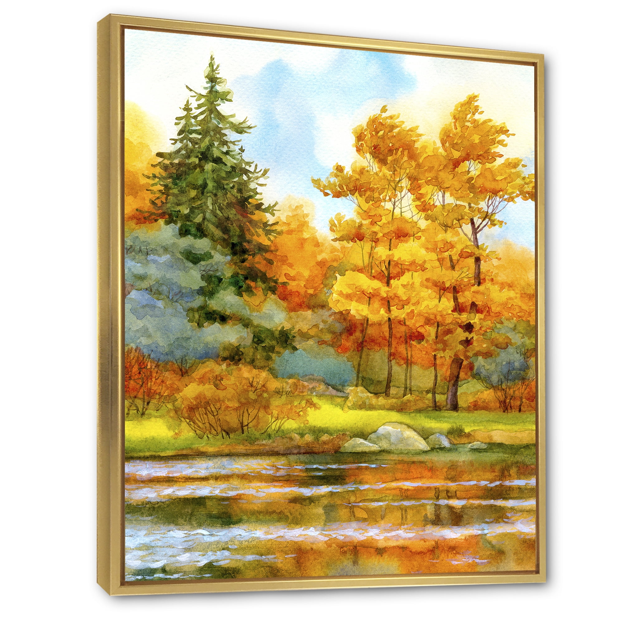 Designart 'Autumn Forest By The Lake Side I' Lake House Framed Canvas Wall Art Print
