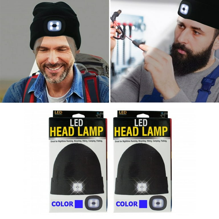 2X Beanie Caps 4 LED Flashlight Hat Hands Free Warm Headlights Rechargeable Wool