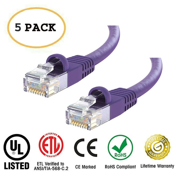 Huetronâ„¢ 5-Pack Cat 6 Ethernet Cable Cat12 Snagless Patch 12 Feet - Computer LAN Network Cord, PURPLE