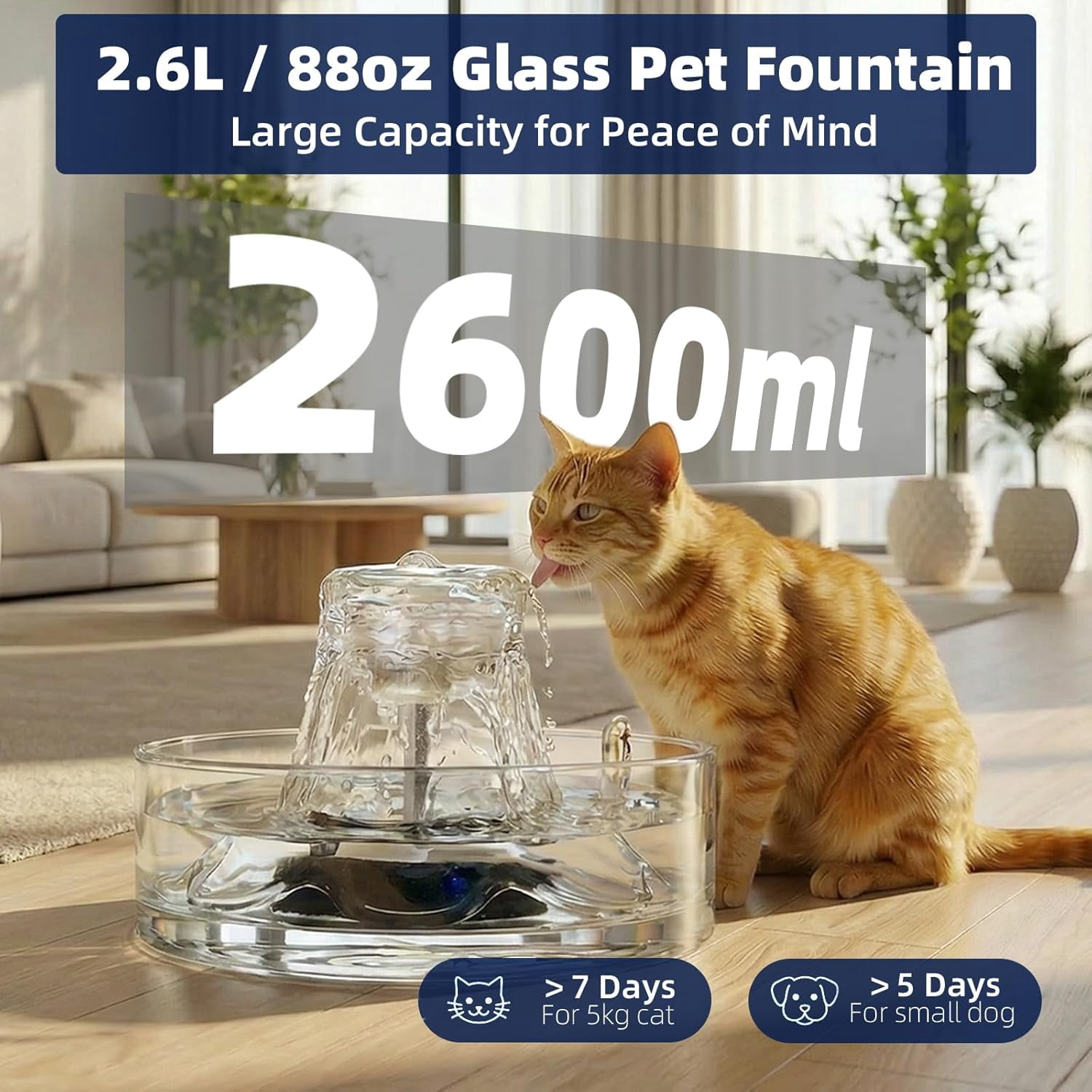 Ultra-Quiet 2.6L Glass Water Fountain for Cats and Dogs, Automatic Indoor Pet Drinking Dispenser for Multi-Pet Homes