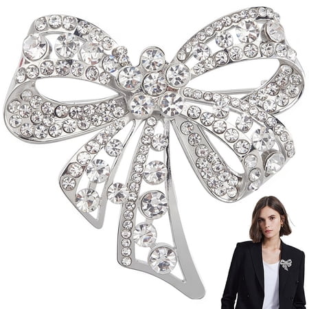 1Pc Bowknot Alloy Rhinestone Lapel Pins for Clothes Platinum 48x49.5mm