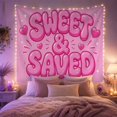 thumbnail image 2 of Sweet & Saved Bubble Letters on Pink with Hearts, Joyful Retro Digital Art for Faith Lovers, Faith Wall Art, Friendship Gift Tapestry Wall Hanging for Bedroom, Dorm and Studio, 2 of 7