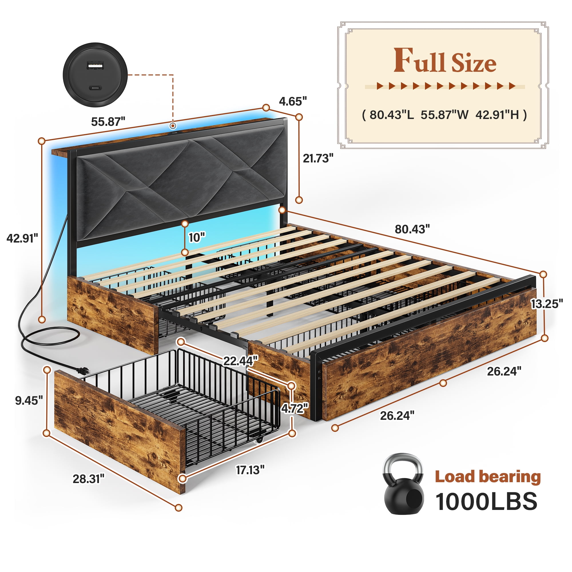 EnHomee Metal Bed Frame with 6 Storage Drawers Upholstered Platform Bed Frame  Full with LED lights & Charging Station,Vintage Brown