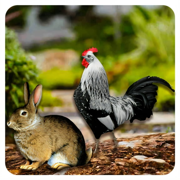 ICERUN 2Pcs Garden Statues,Acrylic Rabbit and Rooster Sculpture Yard Decor,Color Persistence Statues Outdoor Decorations for Yard,Style1