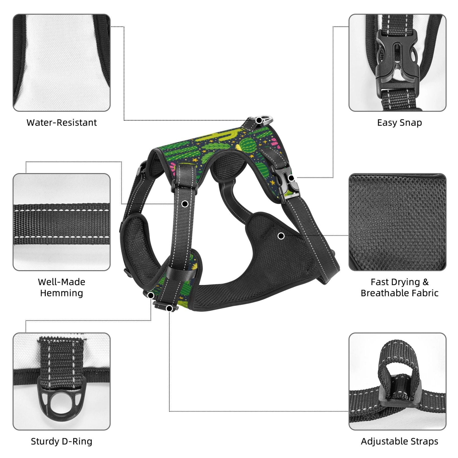 Vsdgher Cactus 1 Pattern Dog Harness,No Pull Pet Harness with Soft Padded Handle,Adjustable Reflective Vest with 2 Buckles,4 Slide Buckles,S-XL Medium