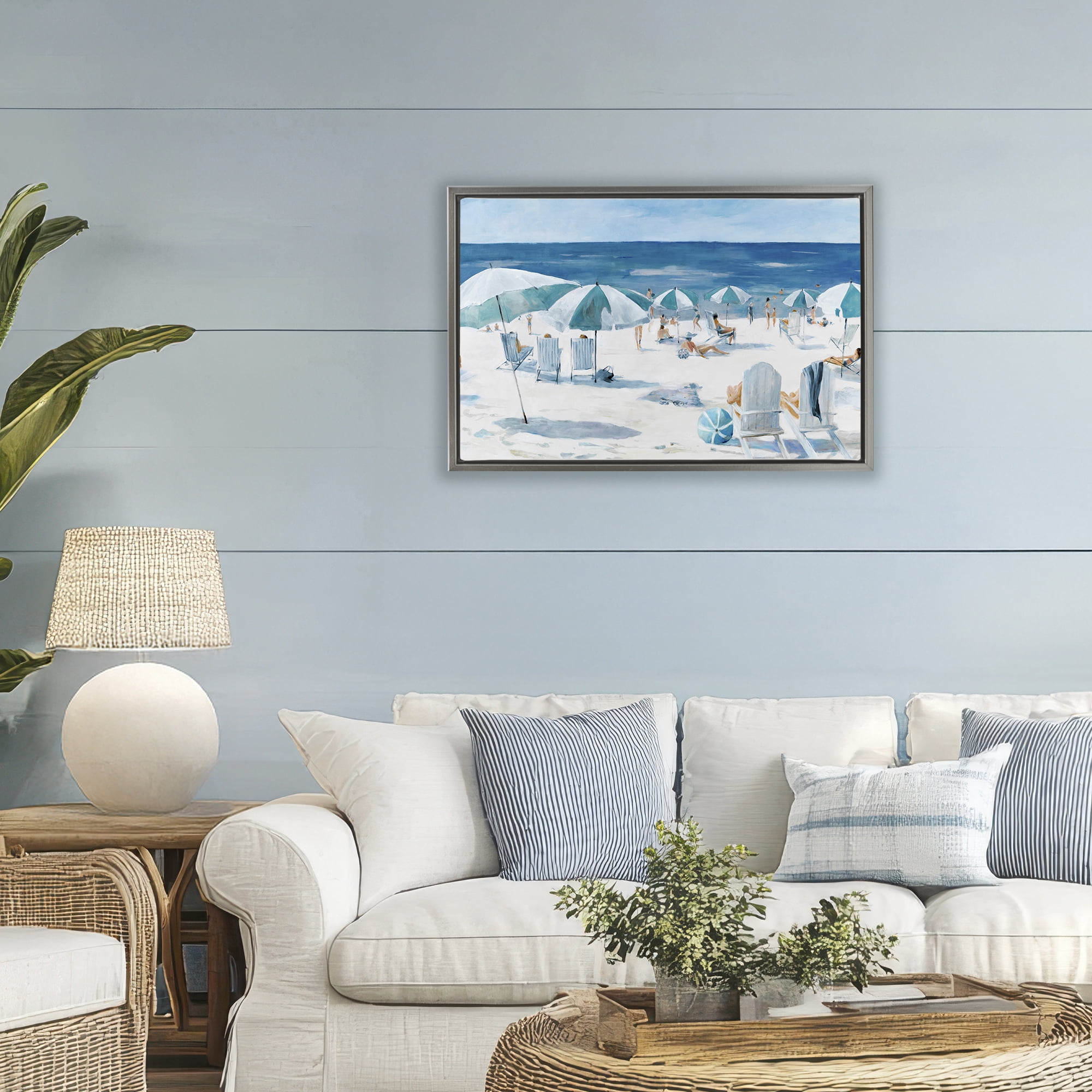 Stupell Industries Umbrella Beach Coastal Scene Gray Framed Floater Canvas Wall Art, design by Lorenzo Collective